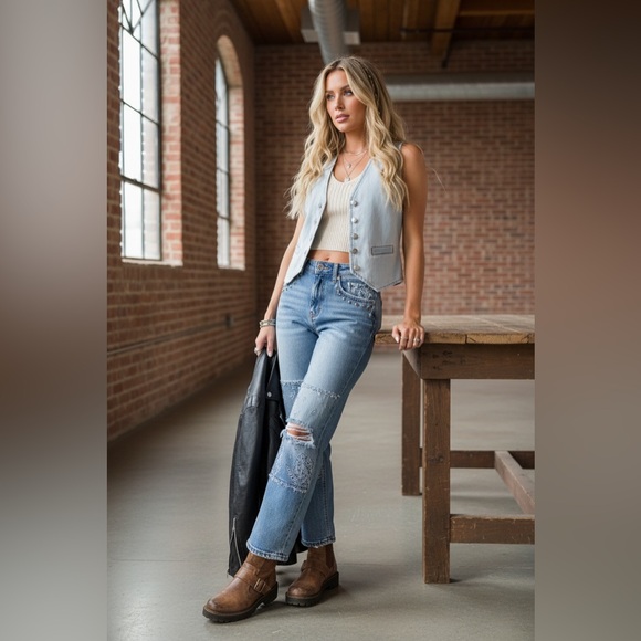 NWT Light Wash Button Front Denim Jean Vest - Picture 12 of 16